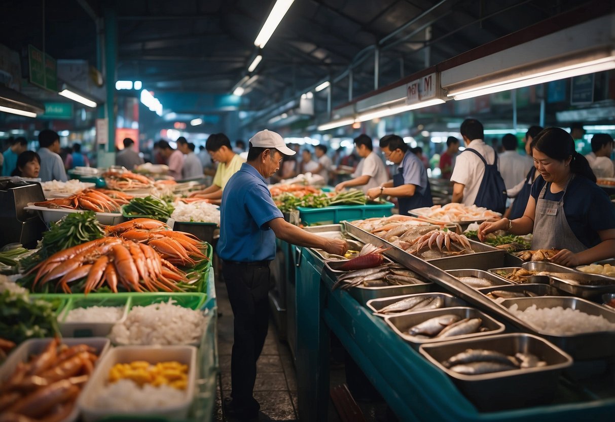 A bustling seafood market in Singapore, with colorful stalls and vendors selling fresh fish, crabs, and other ocean delights. The aroma of sizzling seafood fills the air as customers browse the wide selection