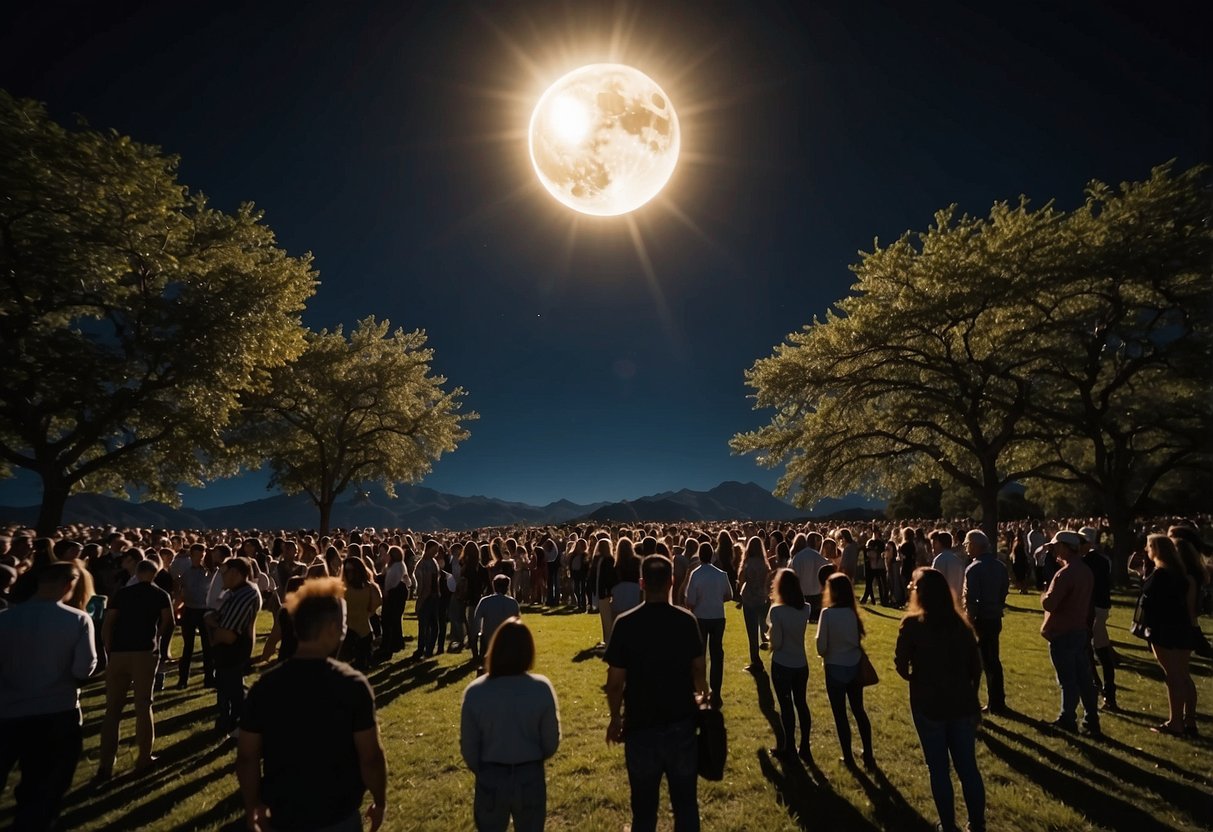 The sun is partially covered by the moon, casting a shadow over the earth. People gather to observe the solar eclipse, with educational displays and events taking place