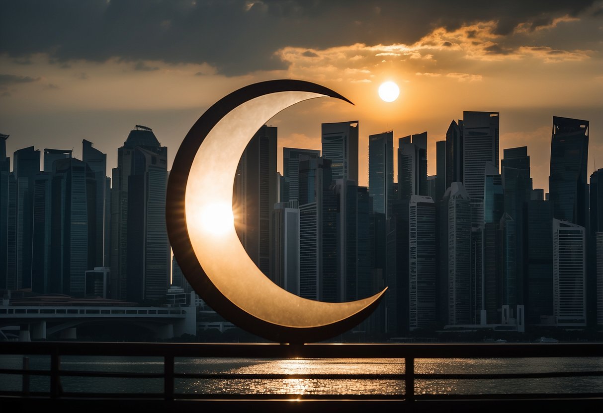 A solar eclipse over the Singapore skyline, with the sun partially obscured by the moon and casting a shadow over the cityscape
