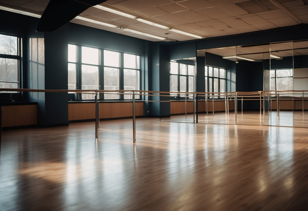 A spacious, brightly lit dance studio with mirrored walls, wooden floors, and ballet barres. Music fills the air as dancers practice their movements with grace and precision
