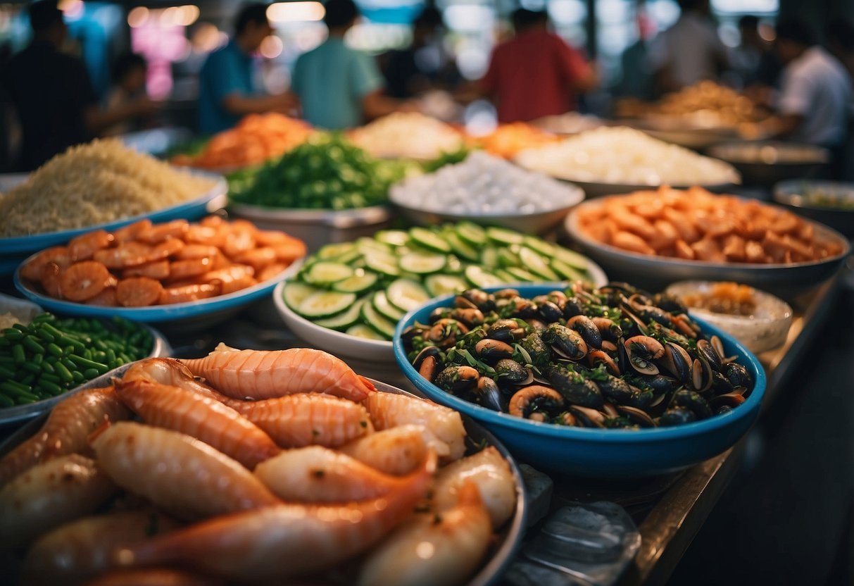A vibrant seafood market with diverse ingredients and innovative cooking techniques in Singapore