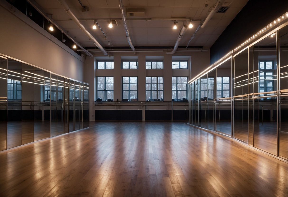 Brightly lit dance studio with mirrored walls and wooden floors. Ballet barres line one side, while colorful mats and equipment are neatly organized. Posters of dance moves and inspirational quotes adorn the walls