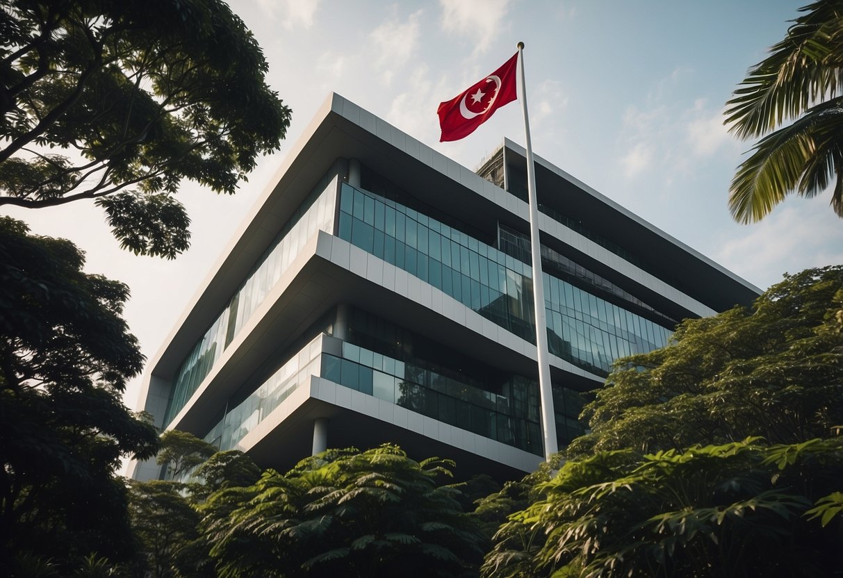 The Singapore embassy stands tall with its modern architecture, surrounded by lush greenery and a Singaporean flag flying proudly in the breeze