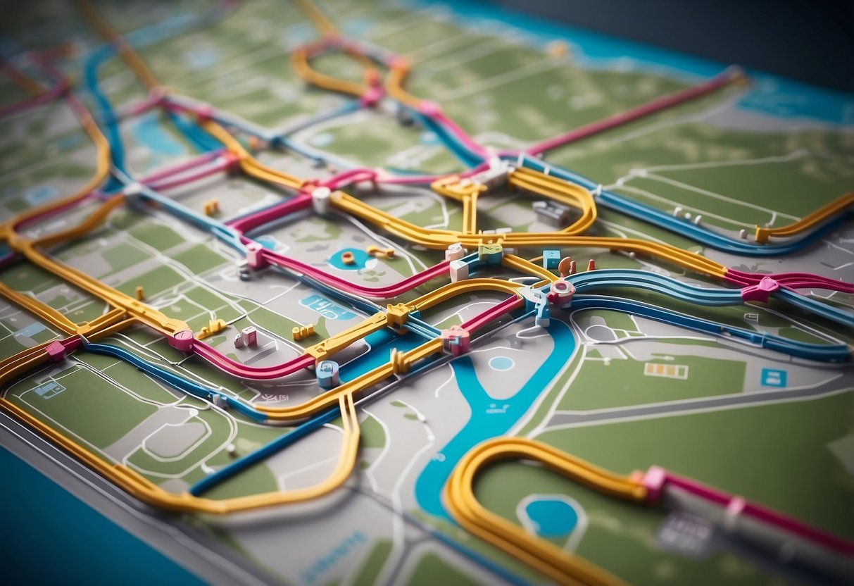 The Singapore LRT map displays a network of interconnected lines and stations, with different colors and symbols representing the various routes and stops