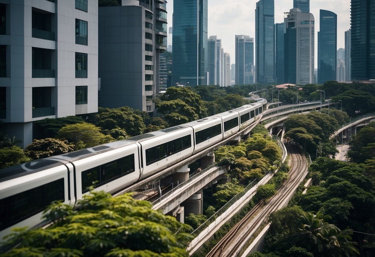 An aerial view of Singapore's LRT system, with interconnected lines and stations, surrounded by urban buildings and greenery