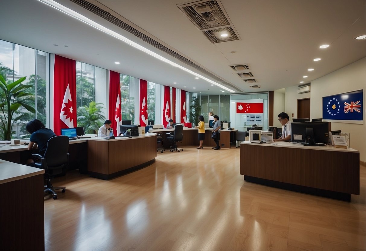 The Singapore embassy's Consular and Visa Services desk is bustling with people, with staff assisting visitors and processing paperwork. The room is adorned with the country's flag and informational posters
