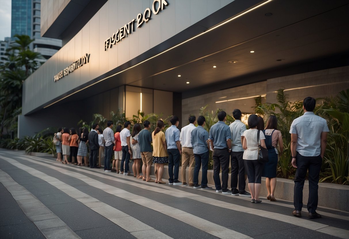 People standing in line outside a modern studio in Singapore. A sign reads "Frequently Asked Questions" in bold letters. The studio is brightly lit and has a welcoming atmosphere