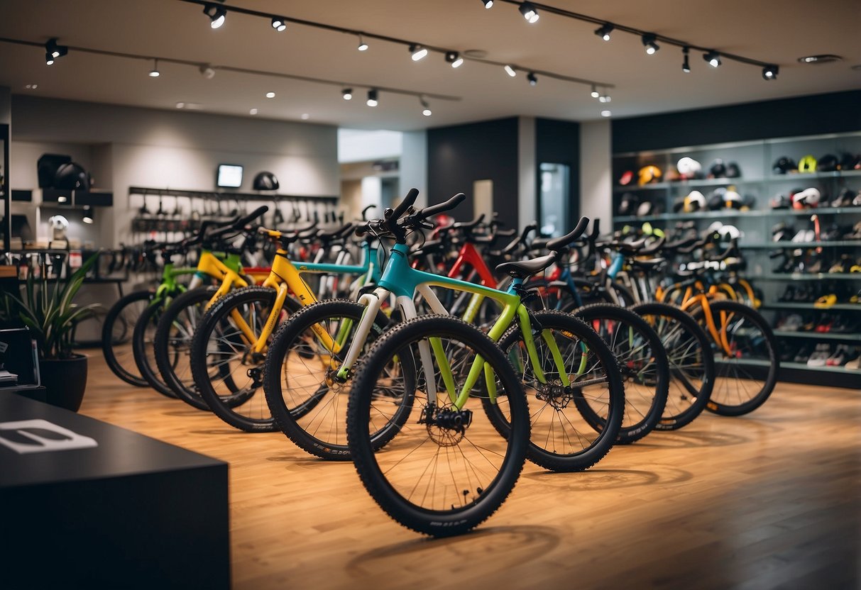 People browsing various bikes at a Singapore bike shop. Different models and colors on display. Bright, modern store interior