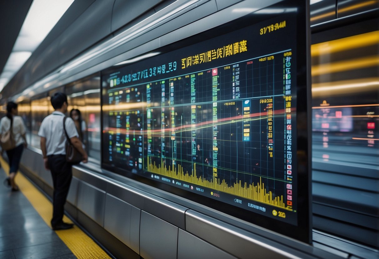 Passengers navigating the Singapore LRT map with colorful lines and station markers, while a digital display shows train arrival times