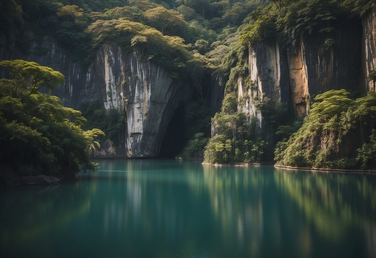 The tranquil waters of Singapore Quarry reflect the lush greenery surrounding it, with rocky cliffs and a serene atmosphere