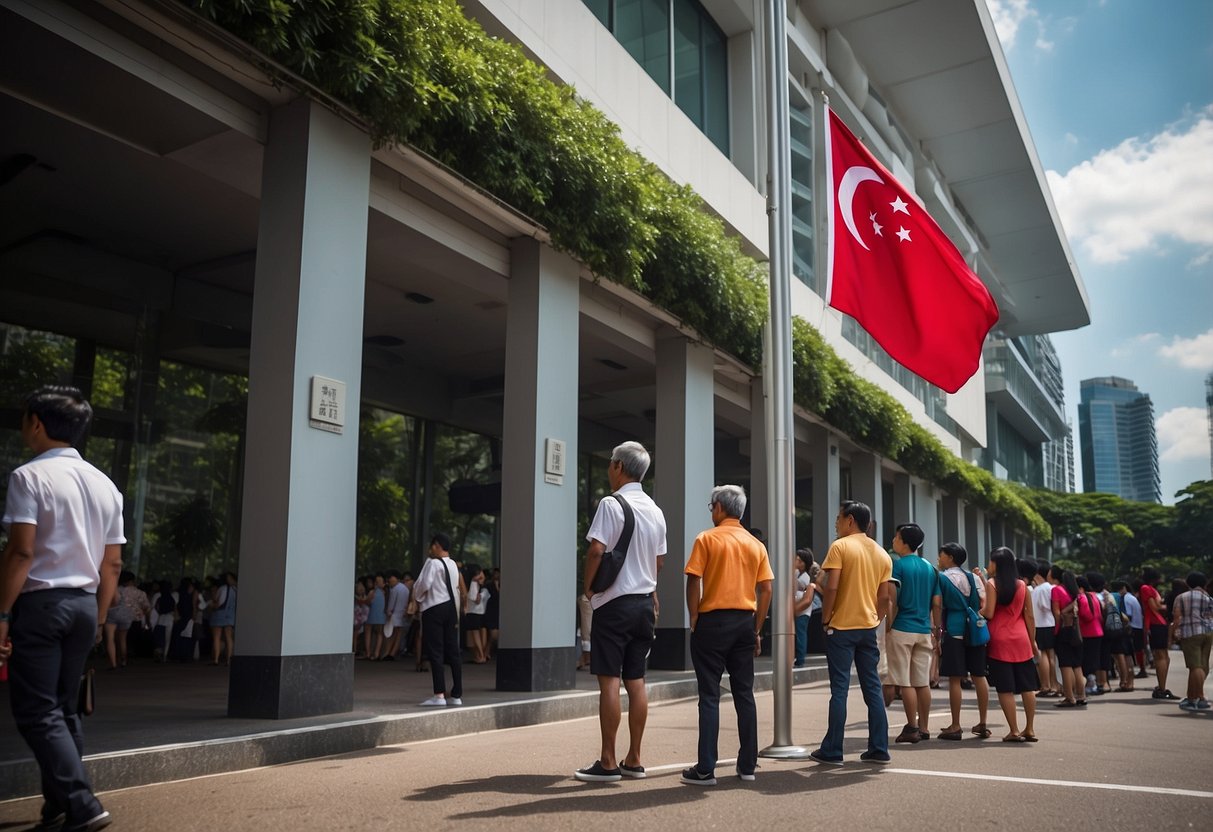 The Singapore embassy displays the national flag proudly, with a line of people waiting to inquire about permanent residency and citizenship