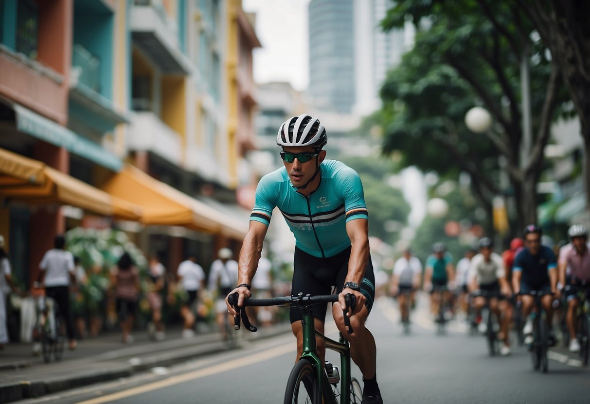 A cyclist riding through a bustling Singapore street, passing by colorful buildings and lush greenery, with iconic landmarks in the background