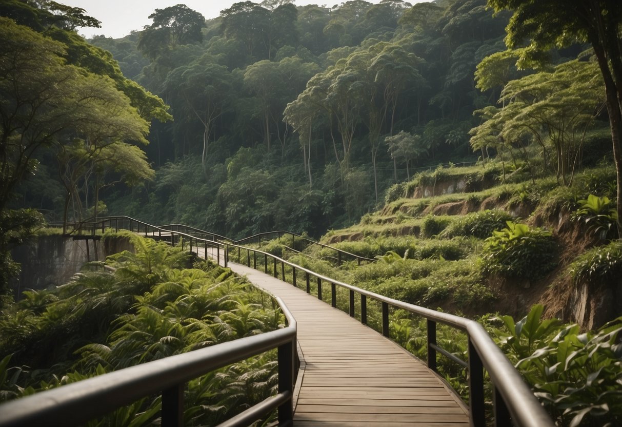 The tranquil Singapore Quarry nestled within lush greenery, with accessible pathways and seating areas for visitors to relax and enjoy the serene surroundings