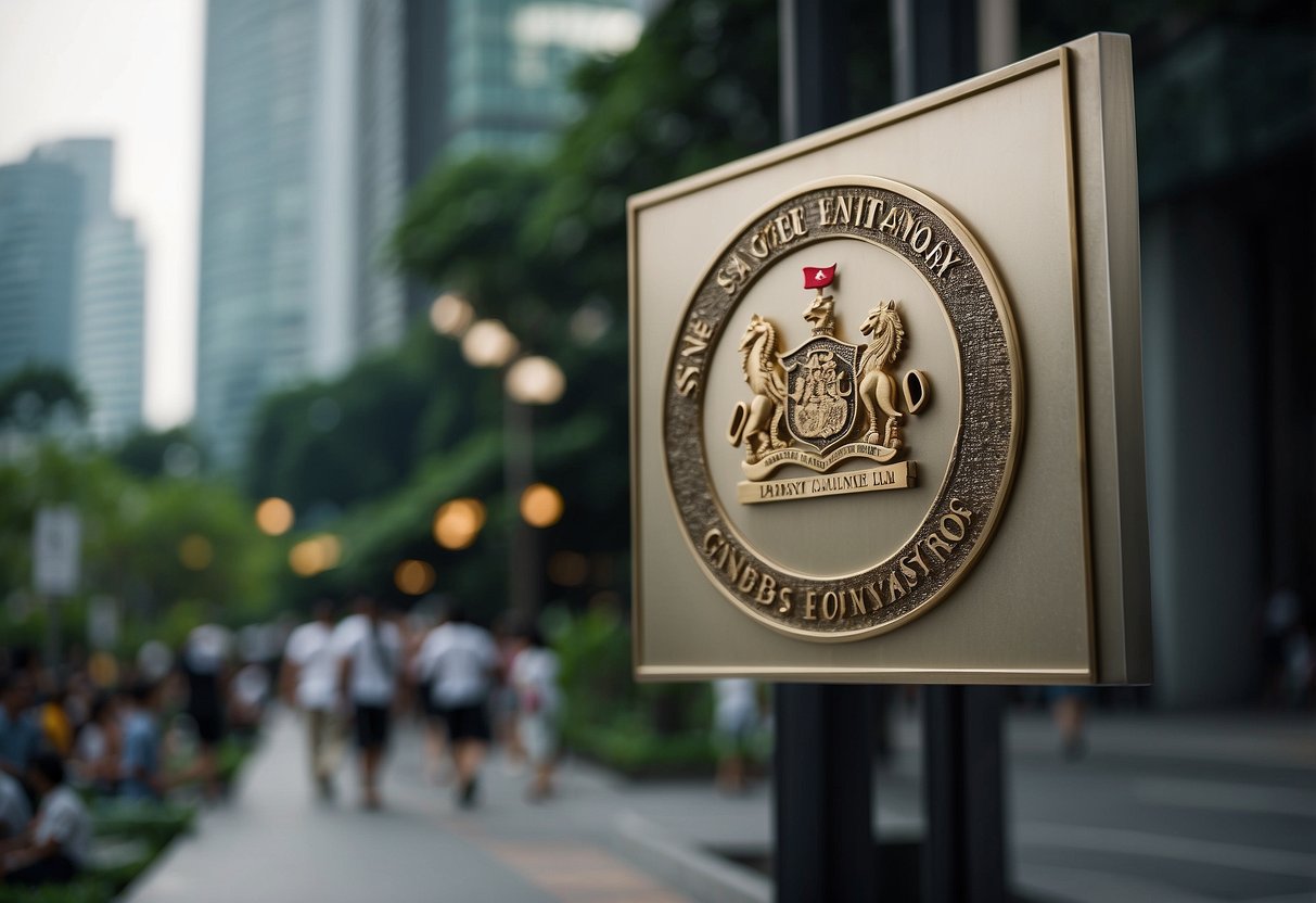 The Singapore embassy sign stands out against a backdrop of bustling city streets, with a line of people waiting to enter the building