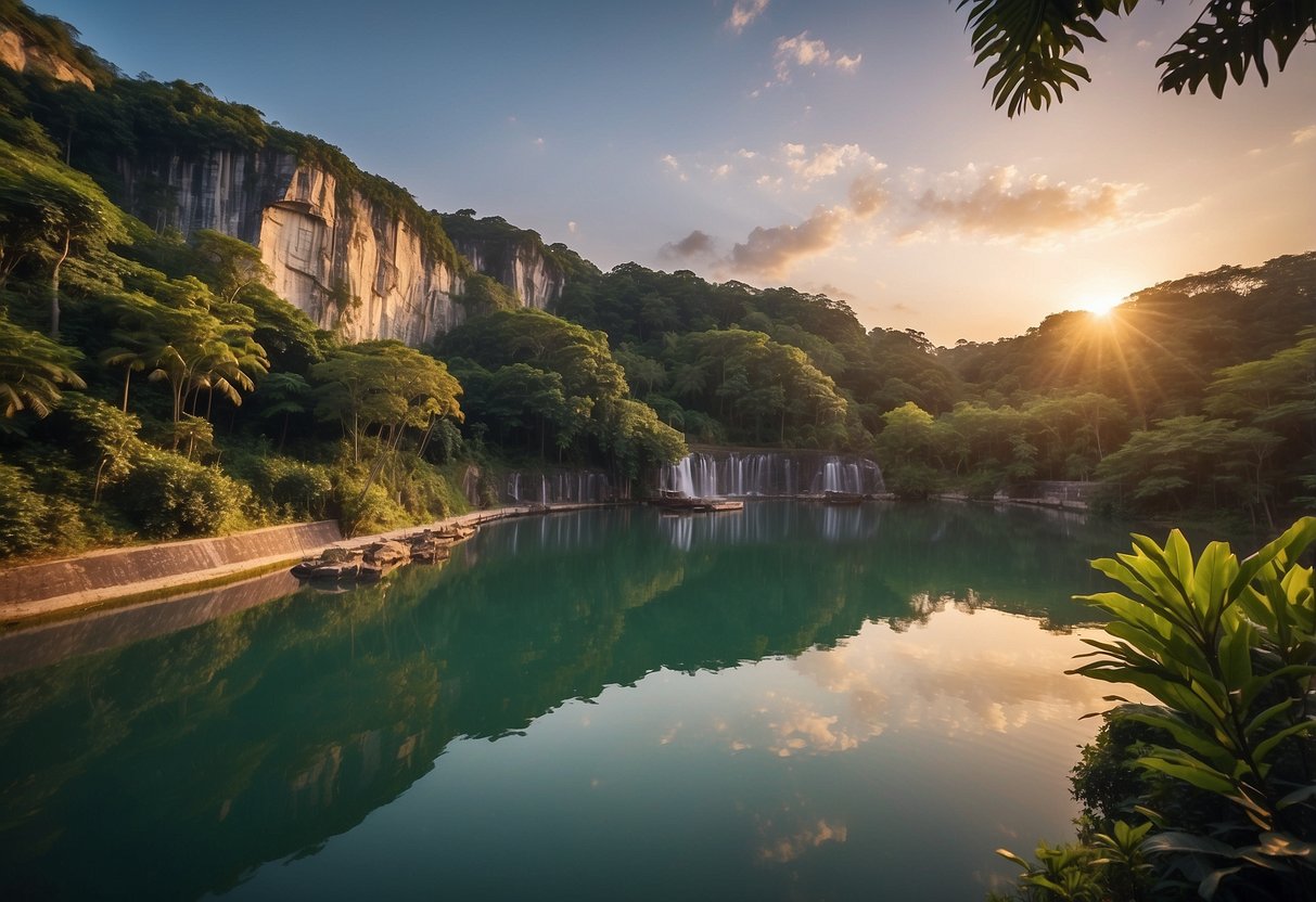 The sun sets over the tranquil waters of Singapore Quarry, surrounded by lush greenery and the sound of nature
