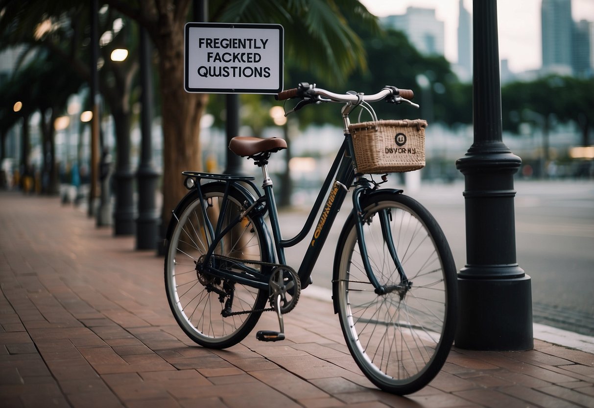 A bicycle parked in front of a Singapore cityscape, with a sign reading "Frequently Asked Questions" in the background
