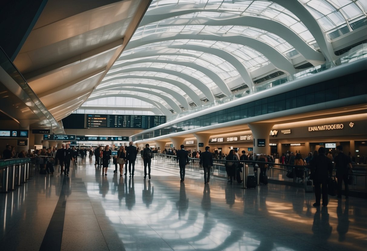 Busy airport terminal with modern architecture, bustling with travelers and staff. Shops and restaurants line the concourse, while planes taxi on the tarmac