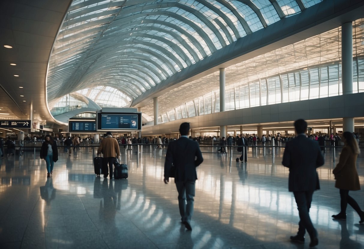 Passengers bustling through modern airport terminal, with sleek architecture and vibrant atmosphere