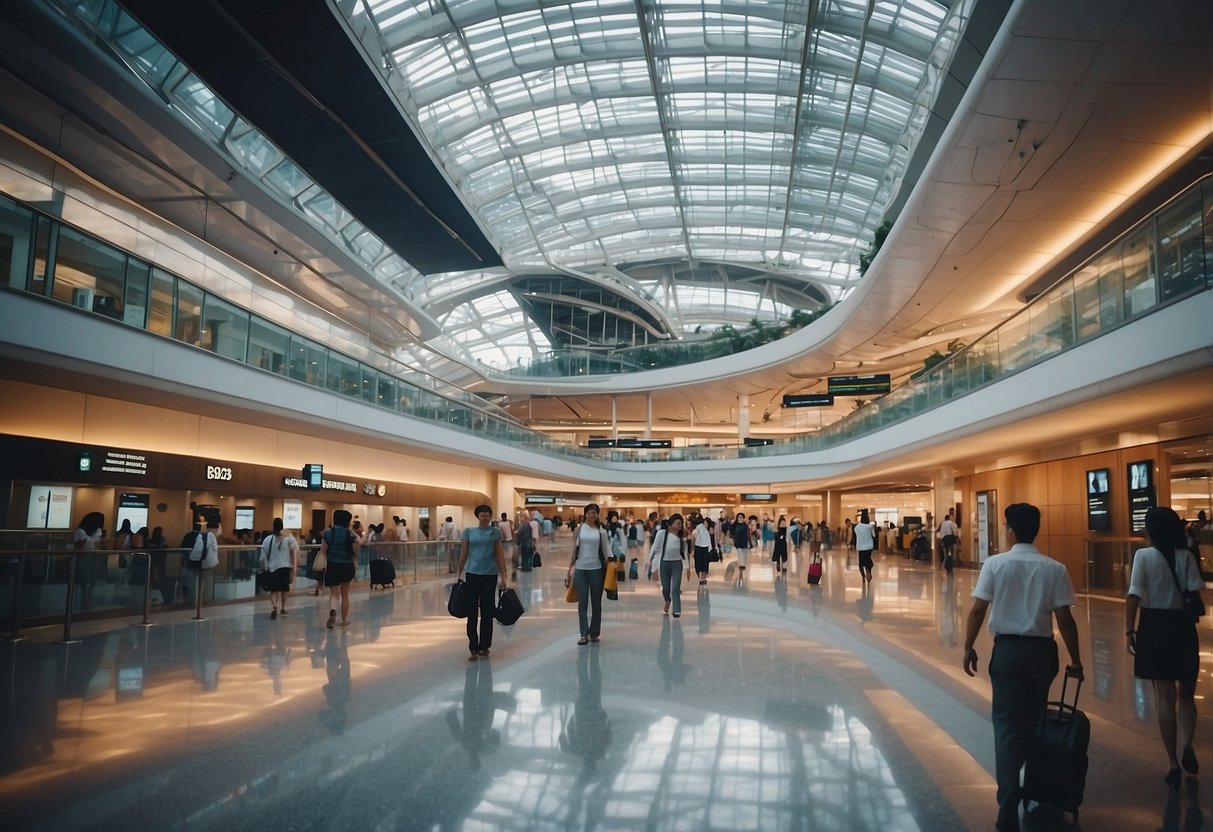 Passengers stroll through Singapore Terminal 2, admiring the modern architecture and vibrant atmosphere. Shops and restaurants bustle with activity, while travelers relax in comfortable seating areas