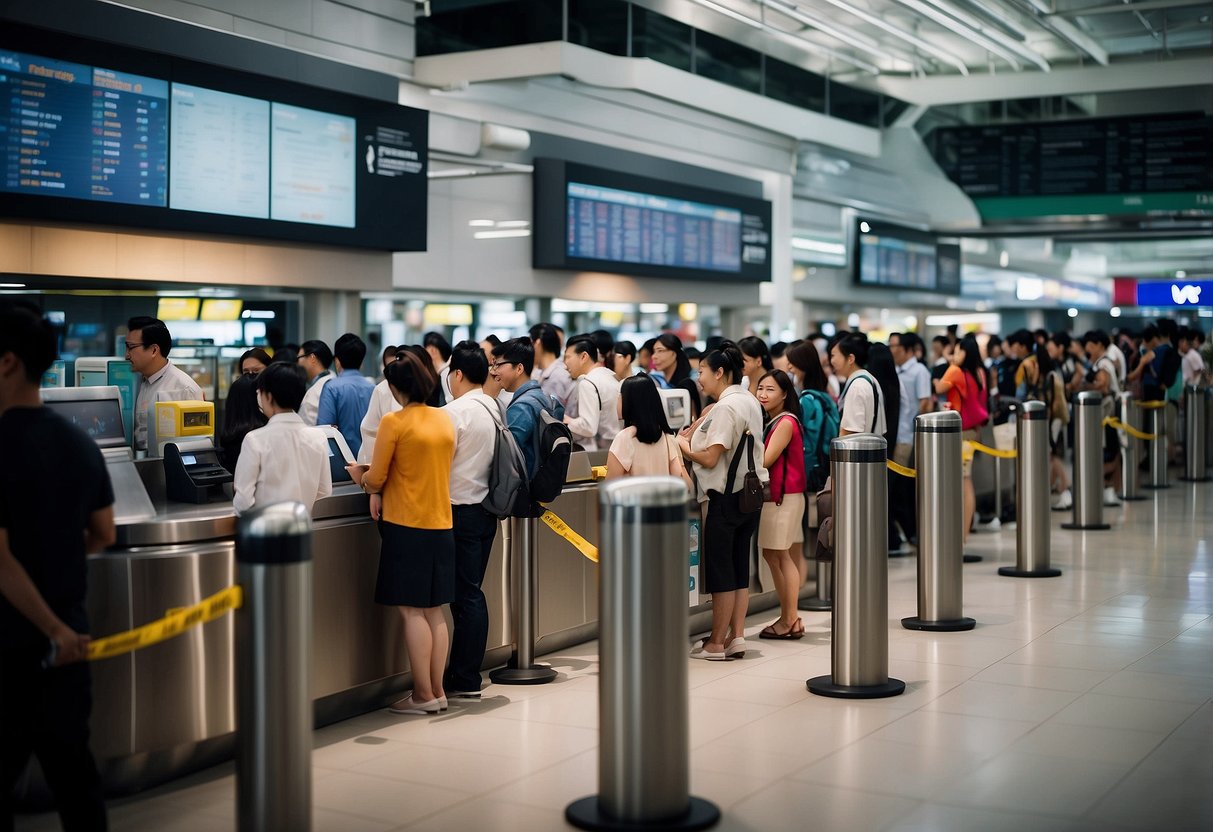 Passengers line up at information kiosks in Singapore Terminal 2, while staff assist with inquiries. The bustling atmosphere is filled with the sound of announcements and the sight of people navigating the terminal