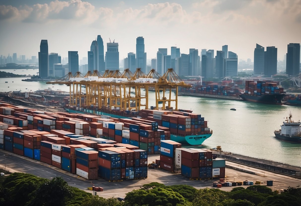 The bustling port of Singapore with cargo ships unloading and loading goods, cranes towering over the water, and containers stacked high on the docks