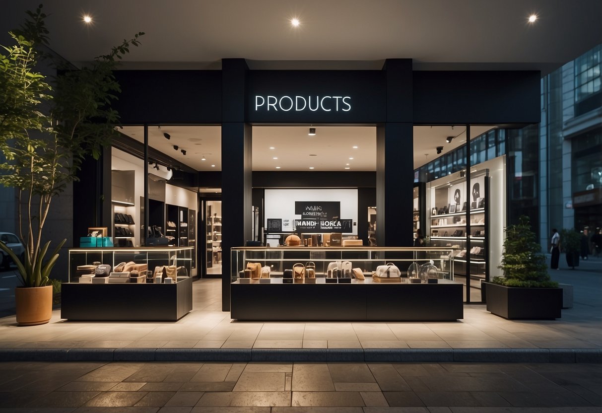 A sleek, modern storefront with the "Products and Collections" logo in bold lettering above the entrance, surrounded by trendy displays of fashion and accessories