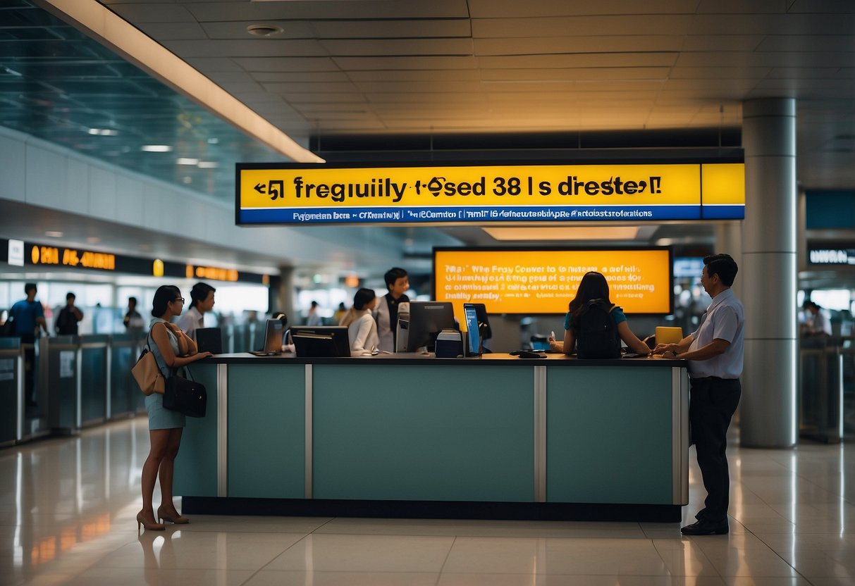 A person standing at a help desk with a sign that reads "Frequently Asked Questions" in a bustling Singapore airport