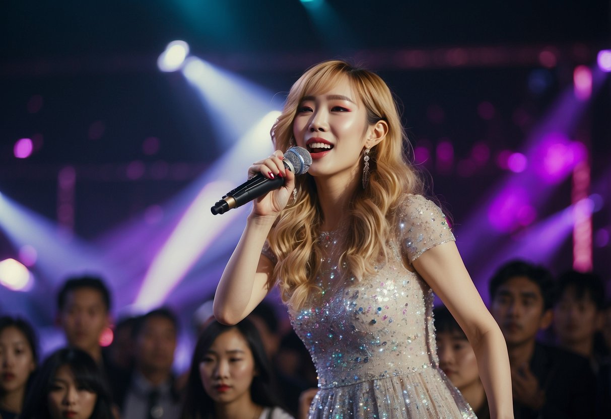 Taeyeon performs on stage in Singapore, surrounded by colorful lights and a cheering audience