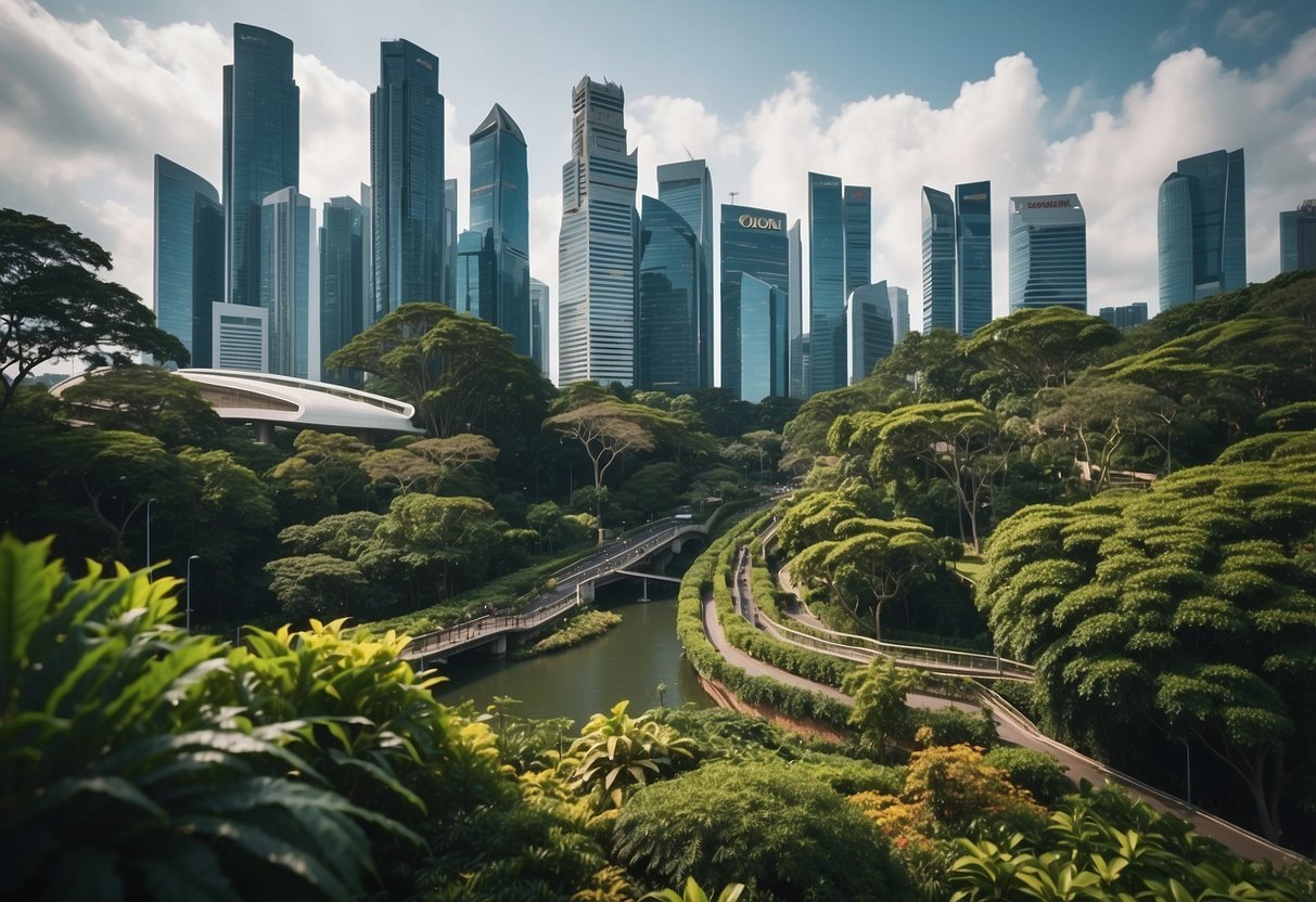 A bustling cityscape with iconic landmarks, modern skyscrapers, and lush greenery, capturing the vibrant energy and diverse culture of Singapore