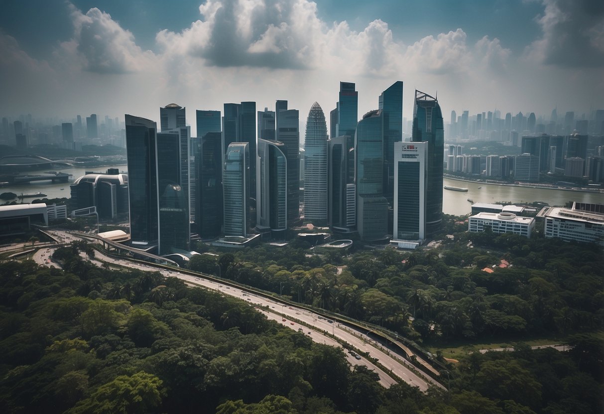 A city skyline with a prominent PSI reading display and air quality indicators in Singapore