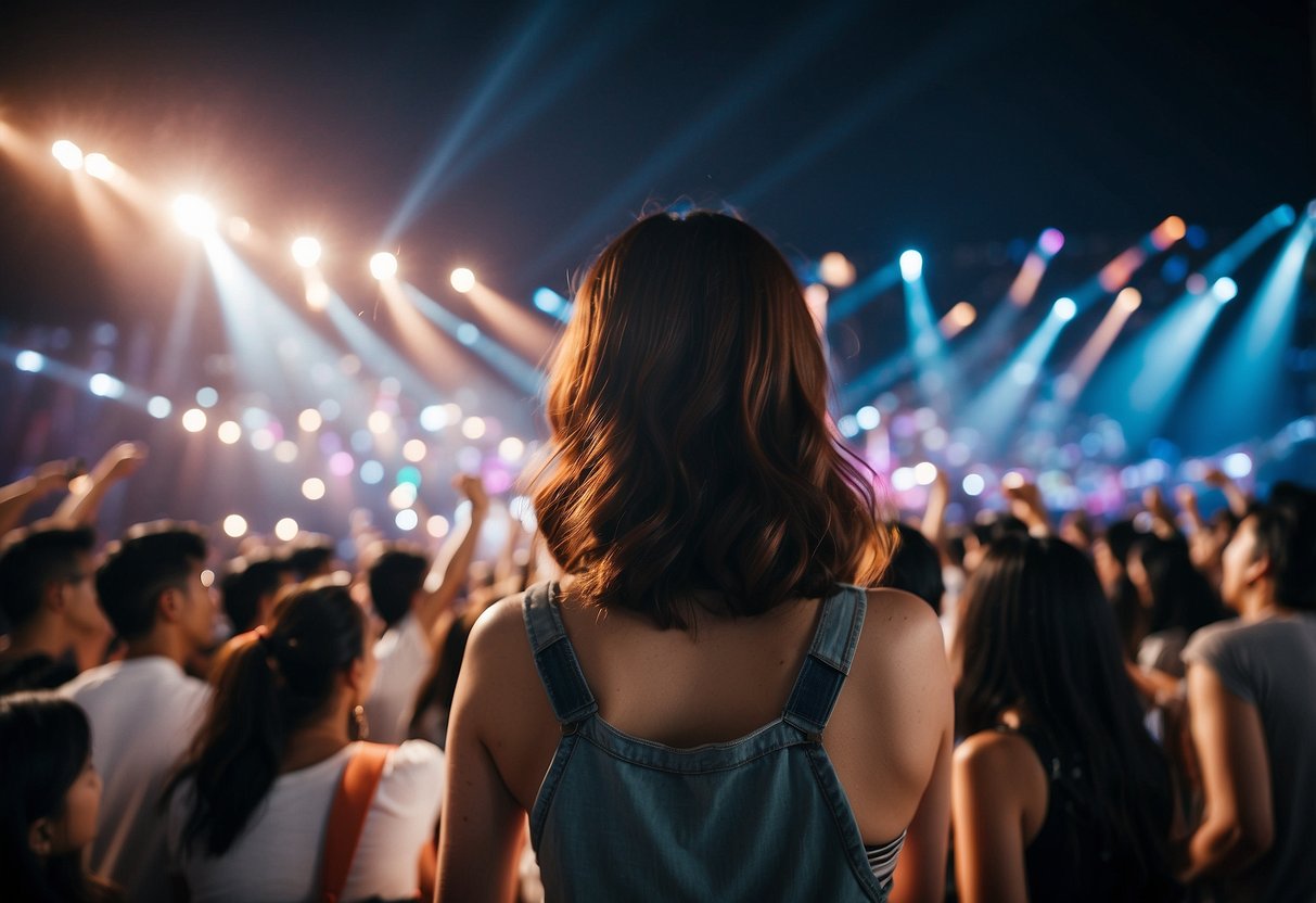 Crowd cheers as colorful lights illuminate the stage at Taeyeon's Singapore concert. Instruments are set up, ready for the performance