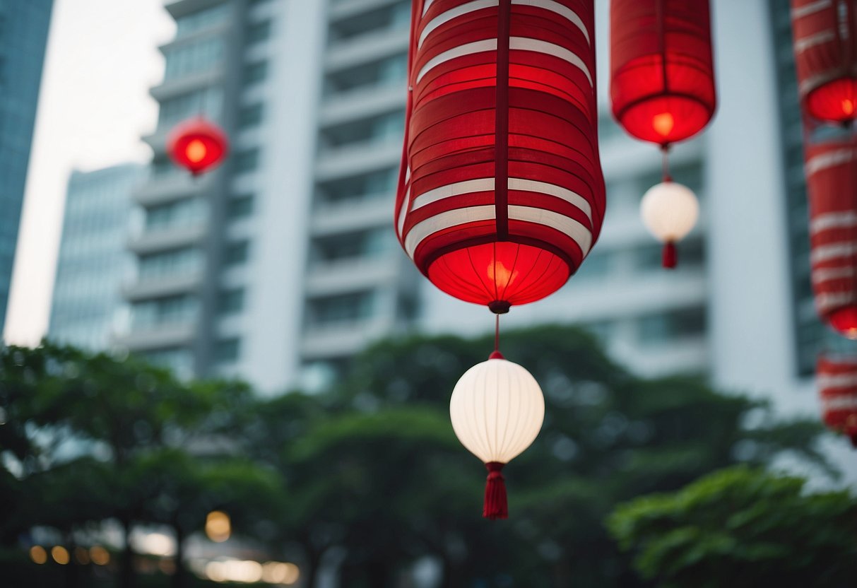 A red and white mobile hangs in a Singaporean setting