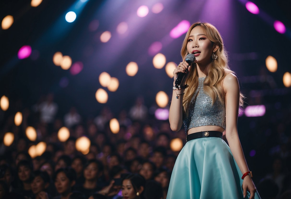 Taeyeon performs on stage at a Singapore concert, surrounded by colorful lights and a cheering audience