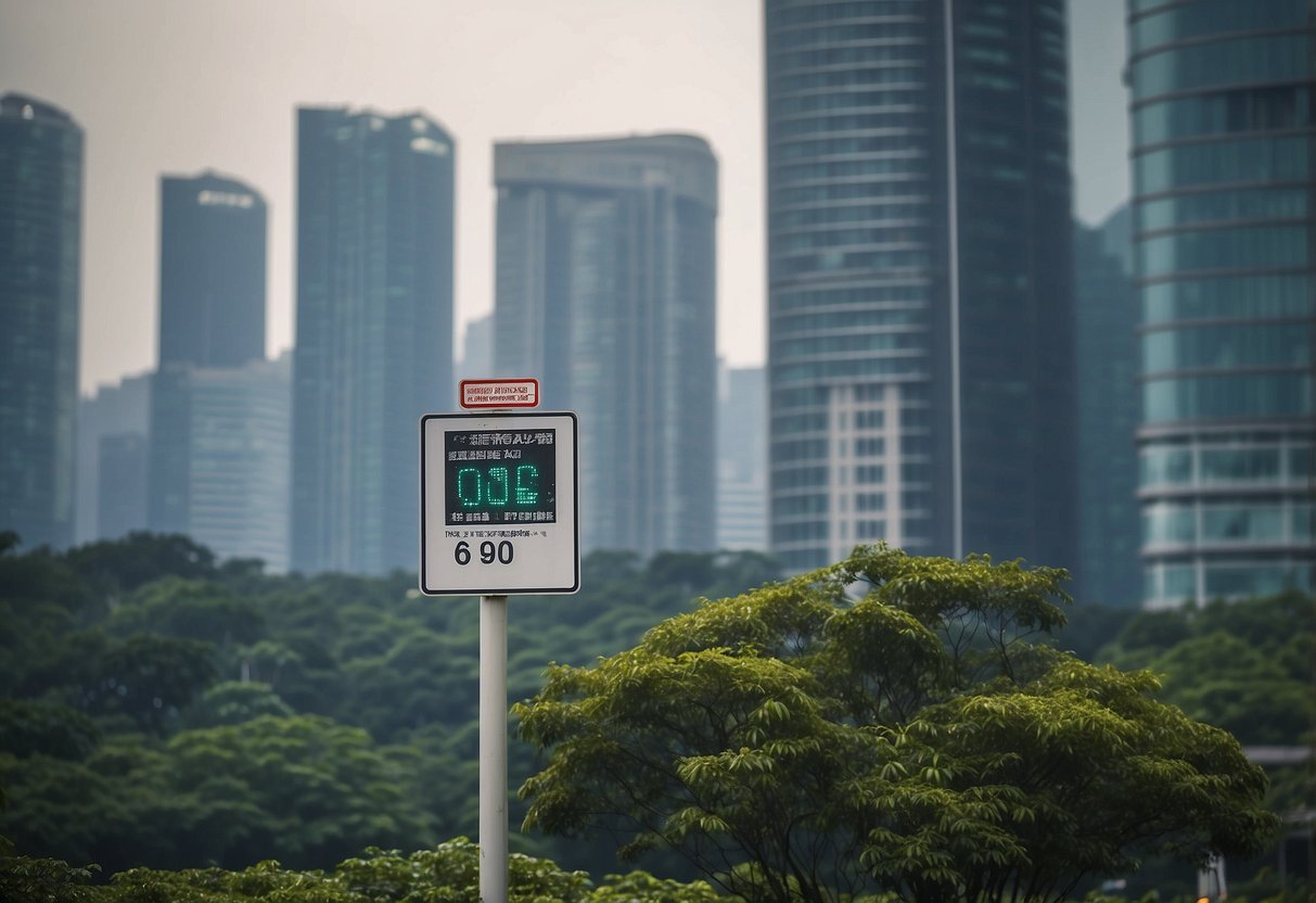 The air is thick with haze, buildings obscured. A health and safety sign displays the current PSI reading in Singapore