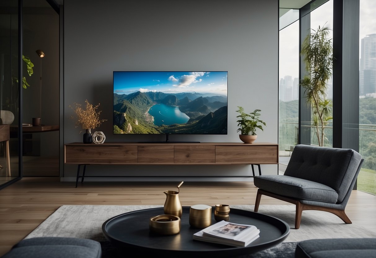 A sleek Samsung TV mounted on a wall in a modern Singaporean living room
