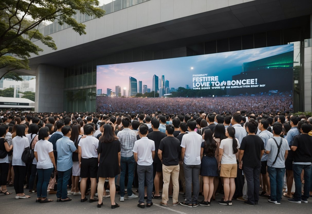 A crowd gathers around a large banner that reads "Frequently Asked Questions: Taeyeon Singapore Concert." People are lined up, eagerly waiting for the event to begin