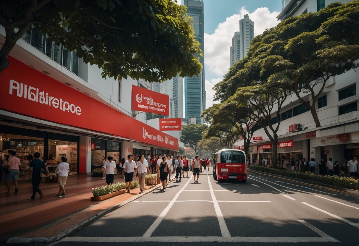 A bustling Singapore street, with the Red White Mobile storefront standing out with its bold red and white signage. Pedestrians walk past, while the vibrant city buzzes with energy
