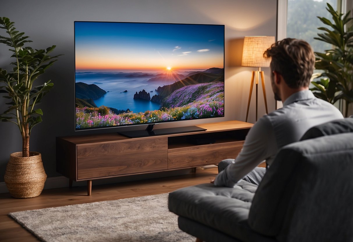 A person unwraps a new Samsung TV in a brightly lit living room. The TV is sleek and modern, with a large, vibrant screen