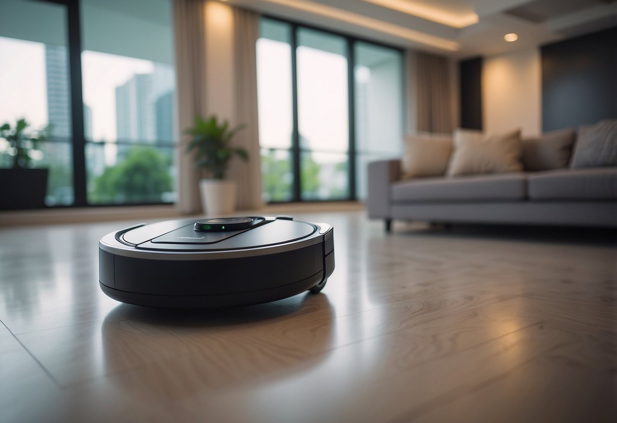 A robot vacuum cleaner glides across a sleek, modern living room floor in Singapore, seamlessly navigating around furniture and picking up dust and debris