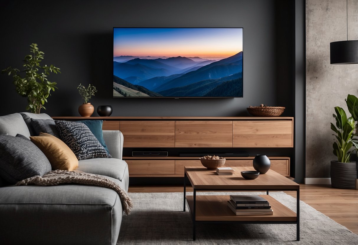 A modern living room with a sleek Samsung TV mounted on the wall, surrounded by comfortable furniture and ambient lighting