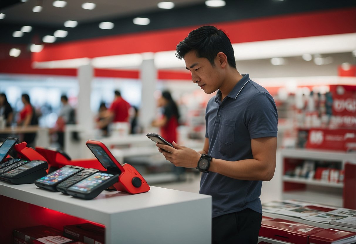 A person is browsing a red and white mobile phone in a modern Singapore electronics store
