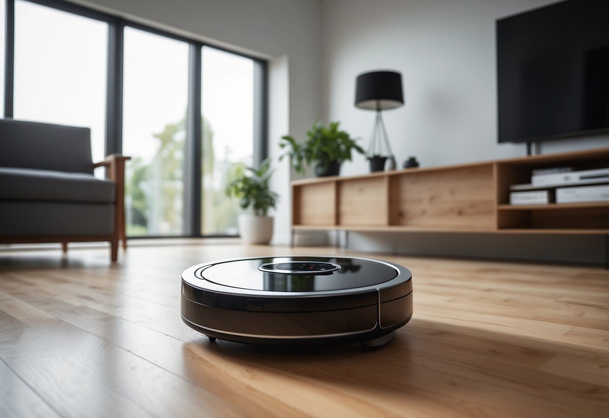 A robot vacuum cleaner glides across a sleek, modern living room, efficiently cleaning every corner with precision and ease