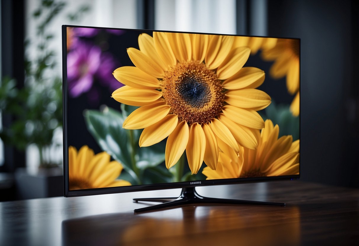 A Samsung TV with a sleek design and a clear display, surrounded by a variety of frequently asked questions in a digital format