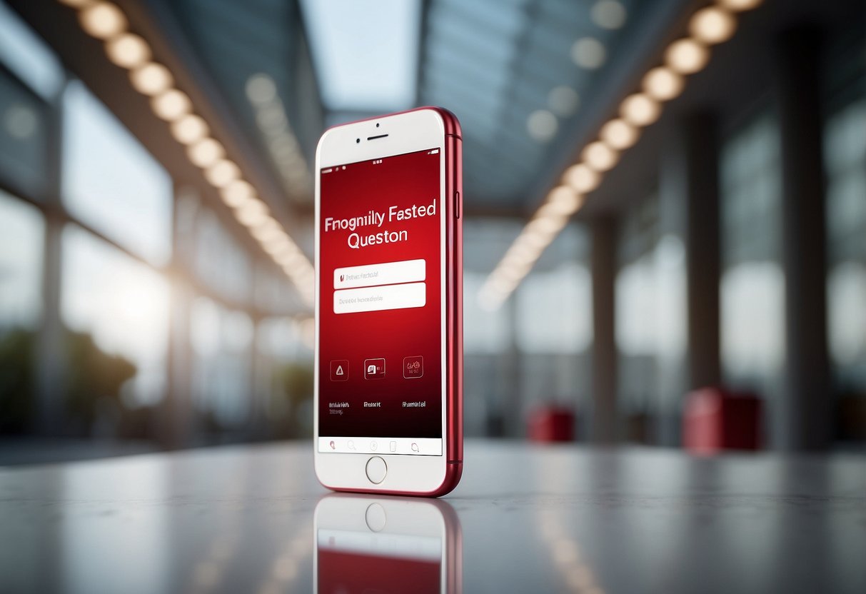 A red and white mobile with "Frequently Asked Questions" text, set against a clean, modern background