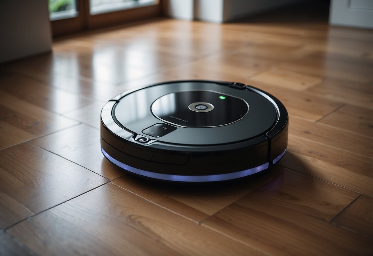 A sleek robot vacuum cleaner in a modern Singaporean home, navigating around furniture and efficiently cleaning the floor