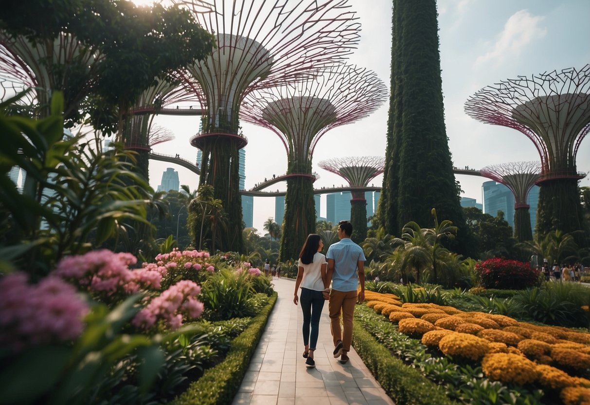 A couple strolling through the lush Gardens by the Bay, with the iconic Supertree Grove and colorful flower displays in the background