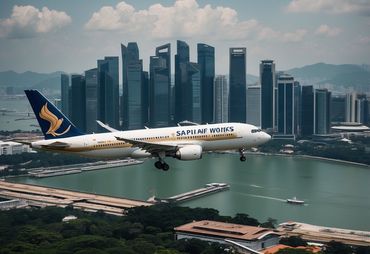 A plane flying over the cityscape of Singapore, with the iconic skyline and Marina Bay Sands in the background, heading towards the snowy mountains of Sapporo