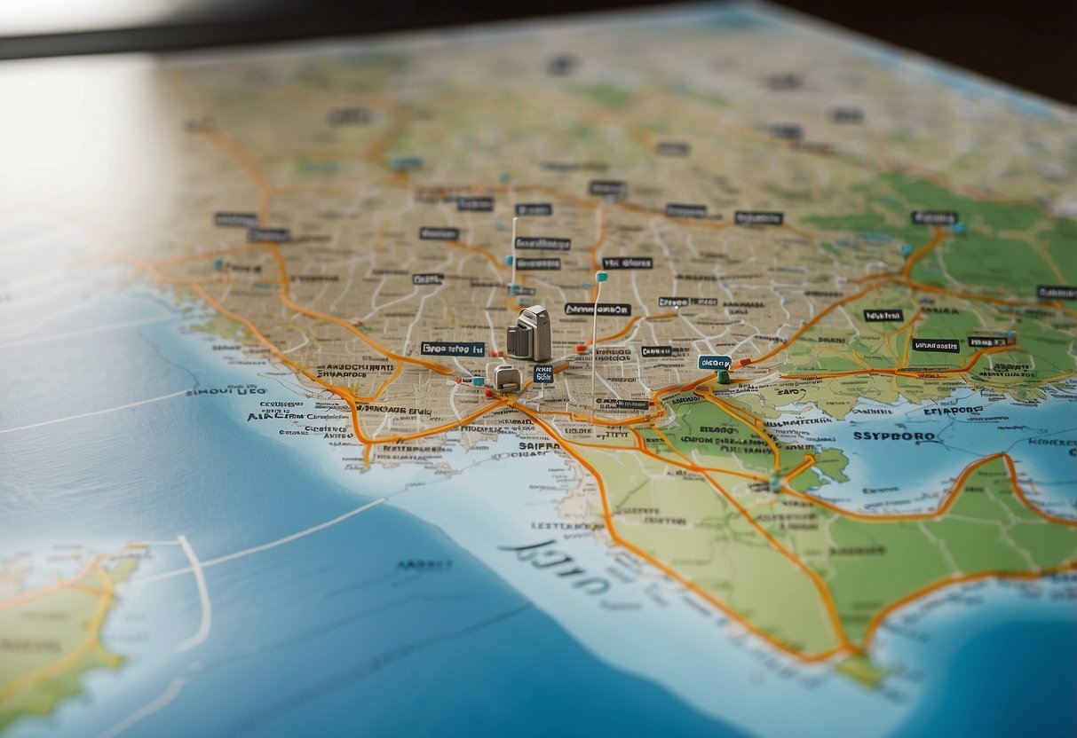 A map of Singapore and Sapporo with a dotted line connecting the two cities, surrounded by travel brochures and a passport