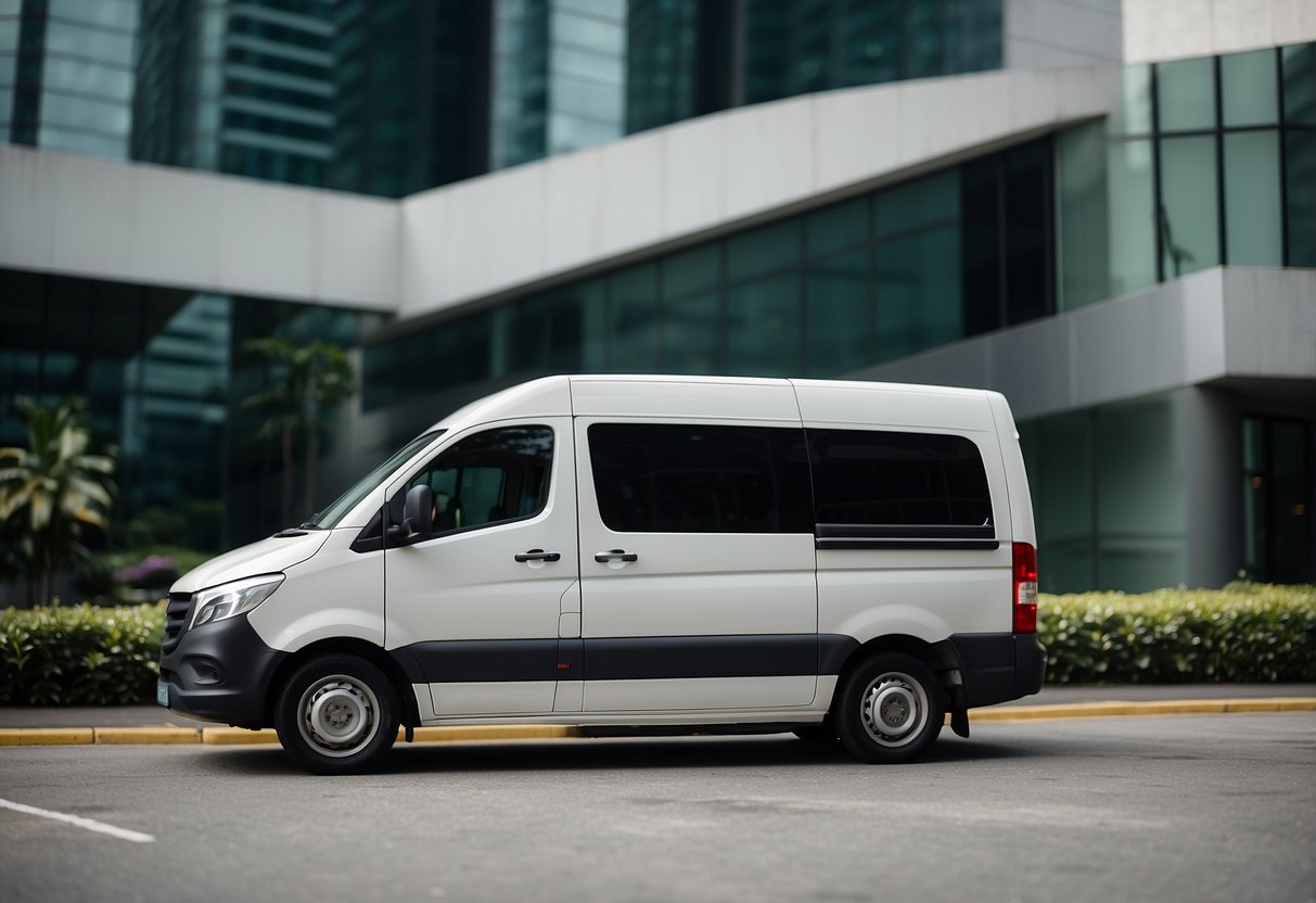 A van parked in front of a modern office building in Singapore. The van is clean and well-maintained, with the company logo displayed prominently on the side