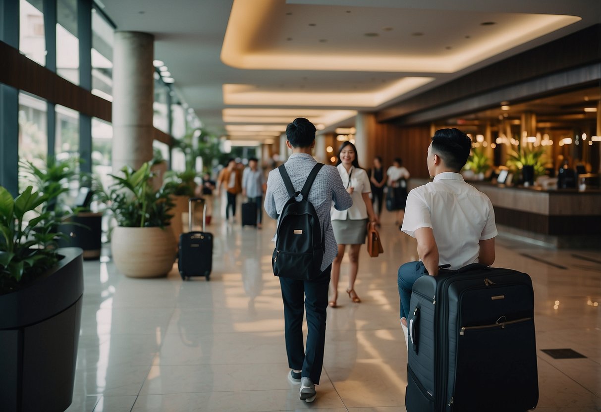 The bustling lobby of Transit Hotel Singapore, with travelers checking in, luggage being wheeled around, and staff assisting guests